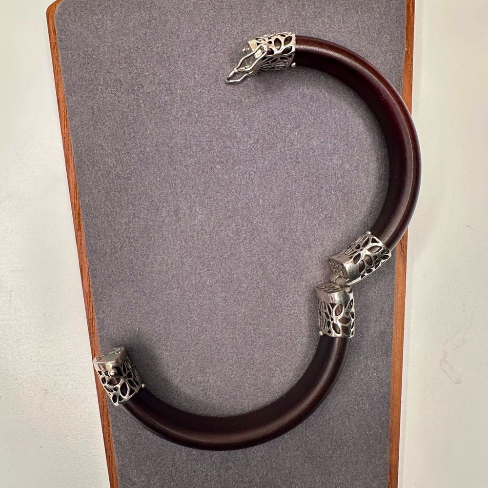 Vintage Sterling Silver & Wood Bangle Bracelet Artisan 925 Hinged Floral Clasp - Picture 6 of 12